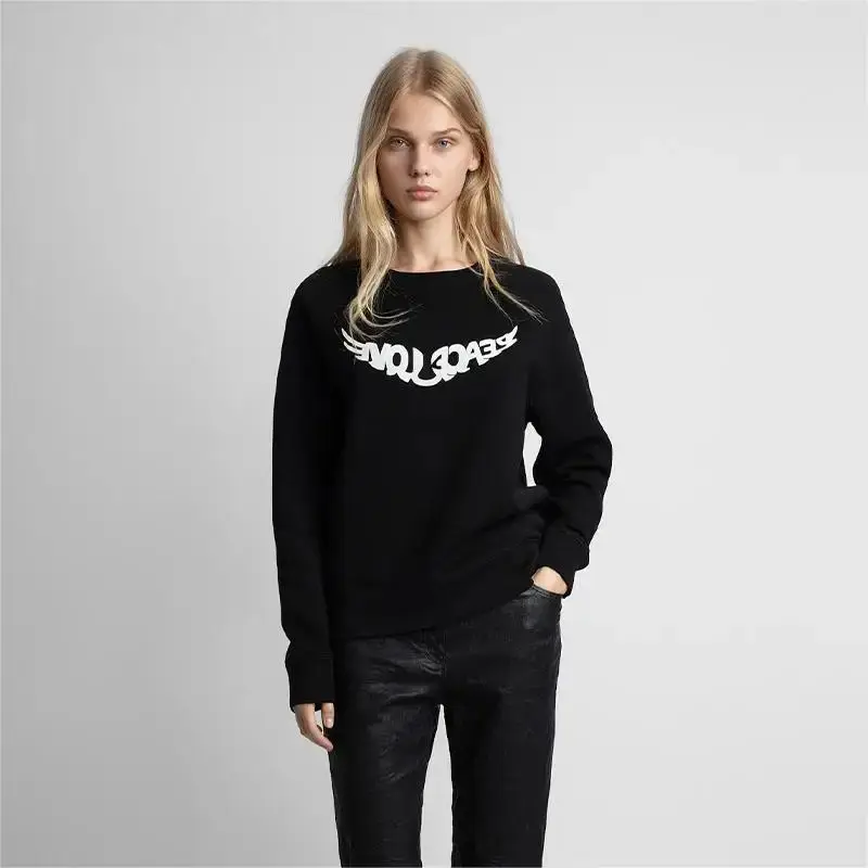 Zadig Bluza damska Casual Black Chic Peace Love Wings Print Pullover Tops Kobiece bawełniane klasyczne bluzy z długim rękawem