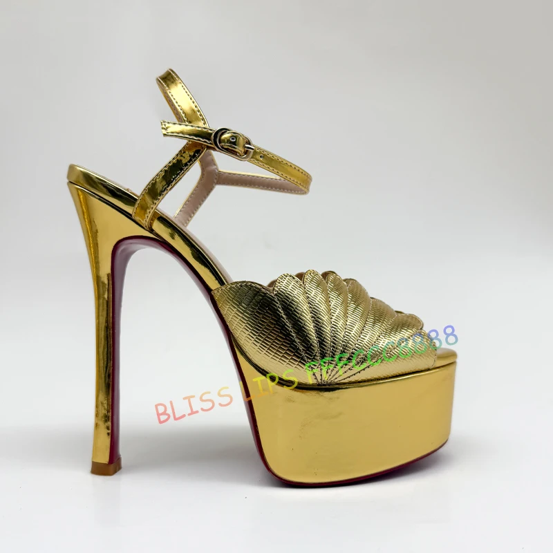

Летние сандалии с украшением в виде золотой ракушки, женские пикантные туфли на платформе с круглым носком на шпильке, элегантная обувь для вечеринок с ремешком на щиколотке для девочек, 15 см