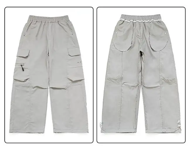 Casual American Style Work Pants Multi Pocket Elastic Waist Paris Grey Loose Fit Long Pants Versatile Daily Youth Fashion