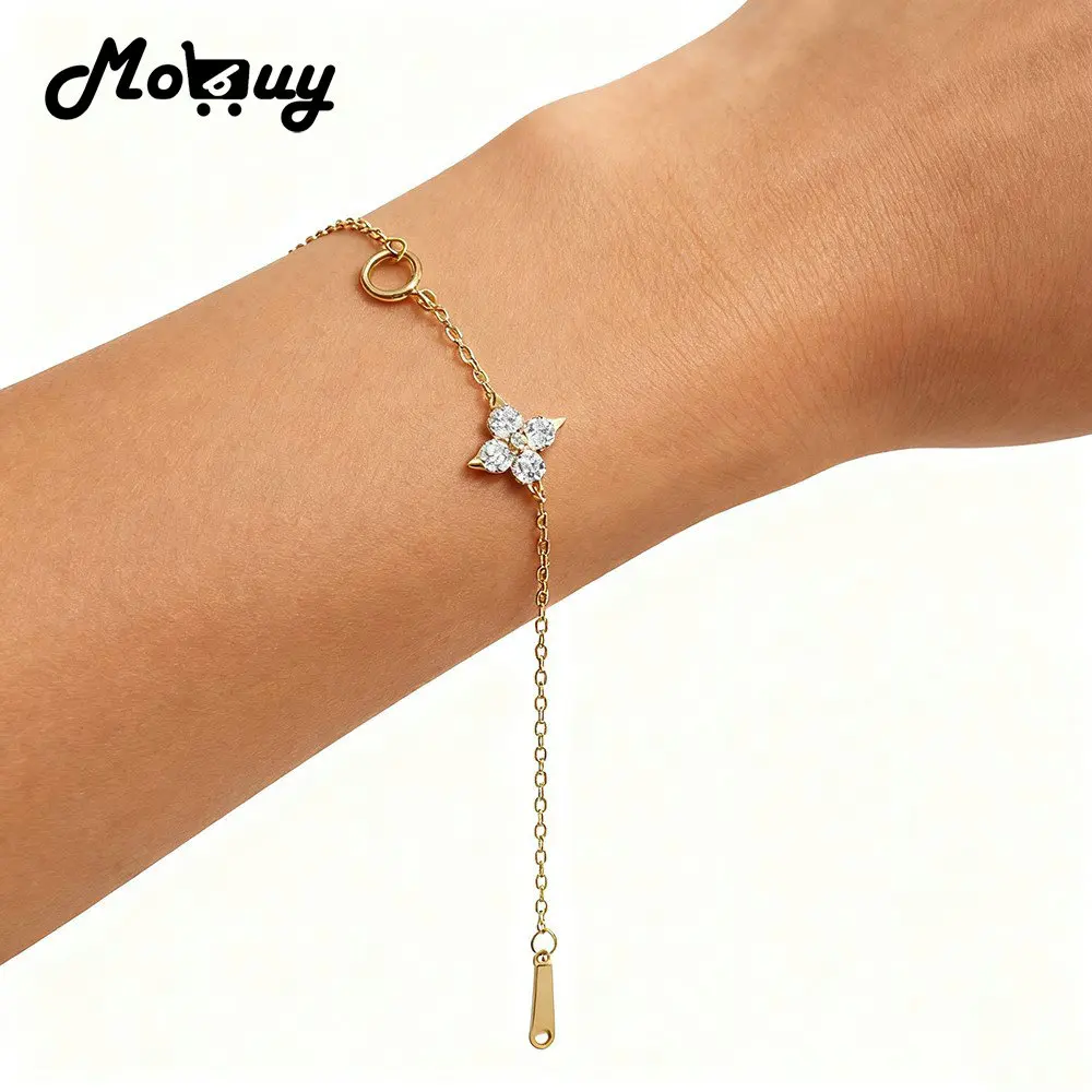 

MOBUY INS Luck, блестящий четырехлистный клевер, стерлинговое серебро 925 пробы, позолоченный браслет 14 карат для женщин, изысканные ювелирные изделия для помолвки