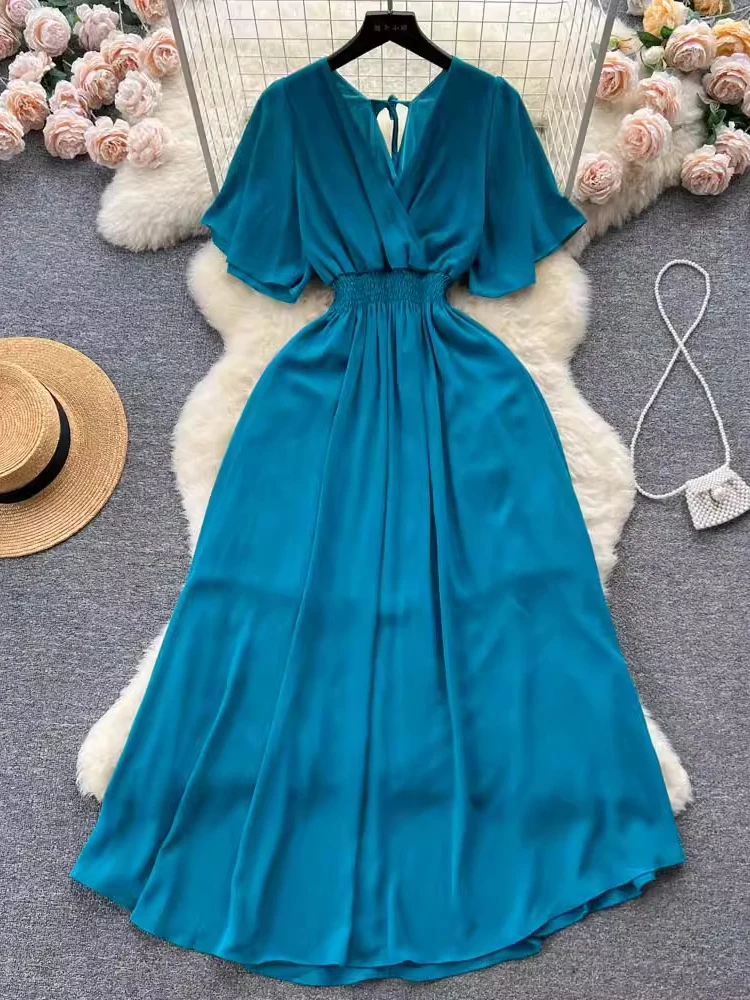 الربيع الصيف المرأة مثير الخامس الرقبة فستان طويل عطلة الشاطئ أنيقة أحمر/أسود/أخضر قصيرة الأكمام ألف خط عارية الذراعين ماكسي Vestidos جديد