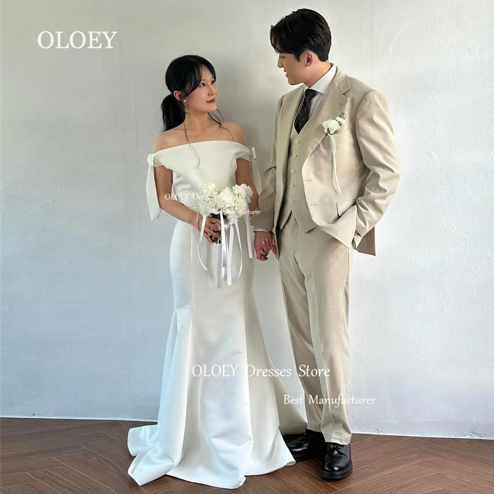 

OLOEY Simple New A Line Satin Wedding Dresses Korea Photoshoot Off Shoulder Floor Length Bridal Gowns Vestido de noiva Custom