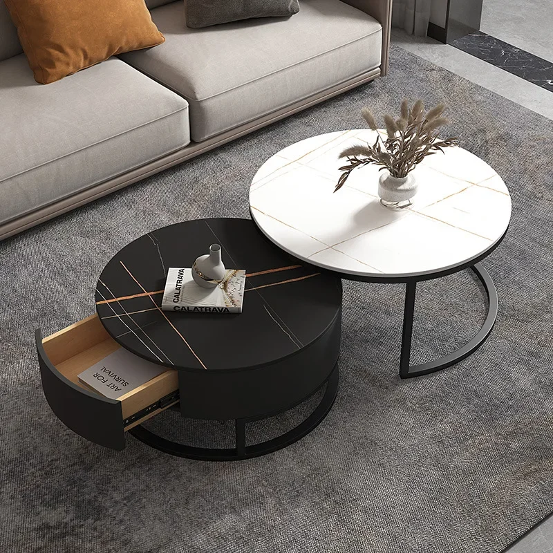 2pcs Luxury Light Marble Slate Tea Coffee Tables Minimalist Sofa Side Table Modern Round Center Table for Living Room Furniture