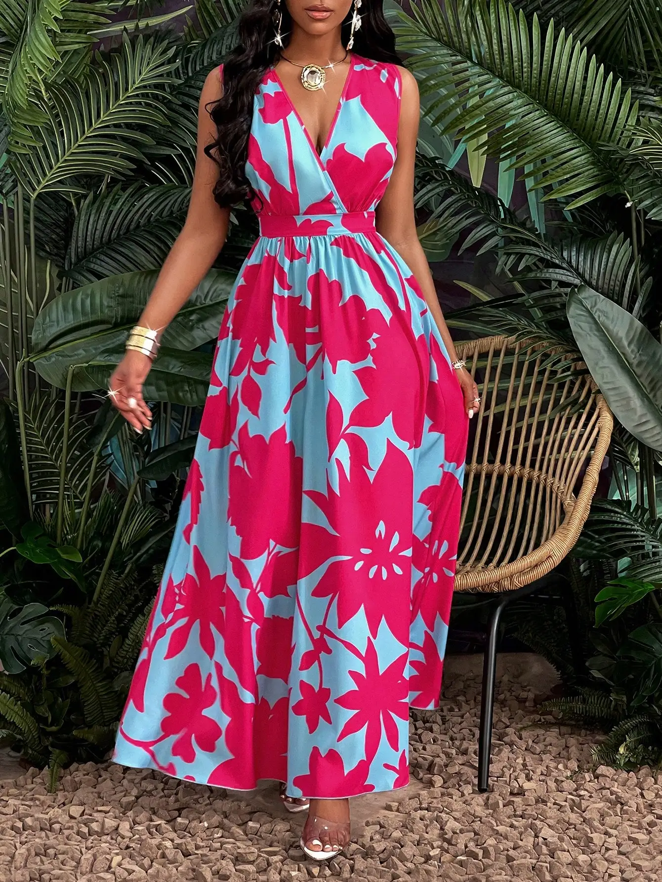 

V-Neck Wrap Maxi Dress with Bold Floral Print, Fit-and-Flare Silhouette