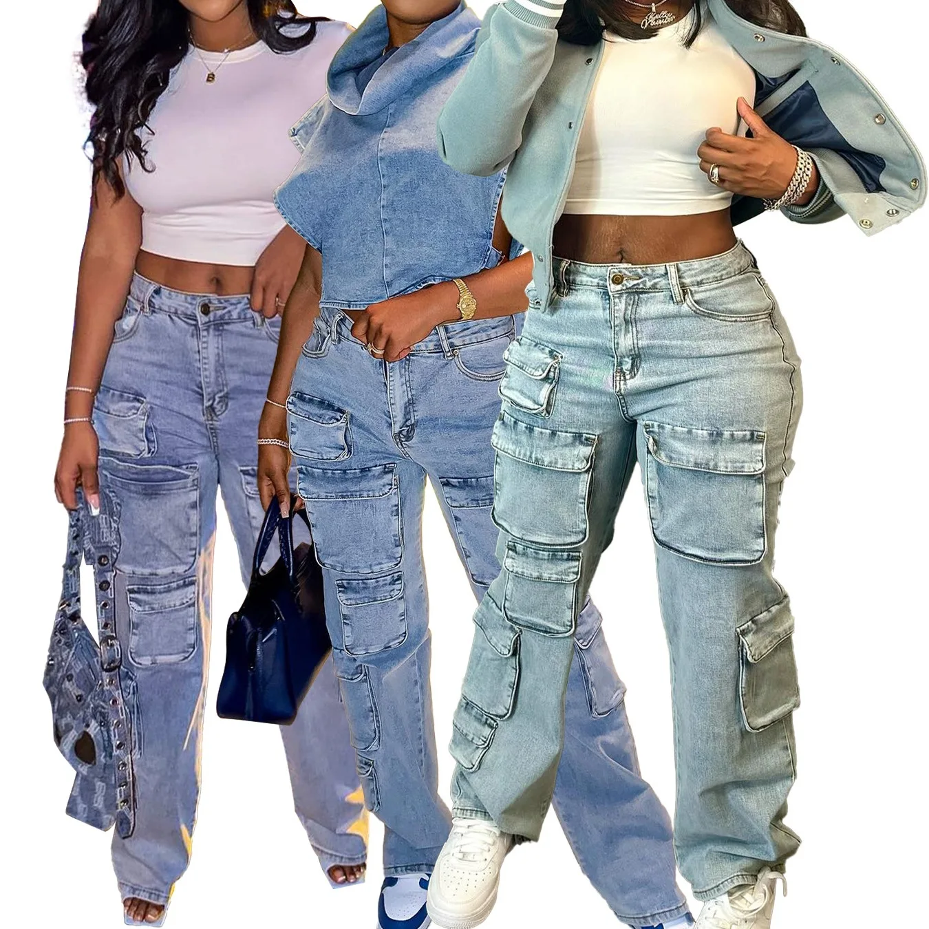 

Women Denim Trousers Fashionable Solid Color Versatile Multi-pocket Casual Pants Ladies Large Size High Waist Denim 2026