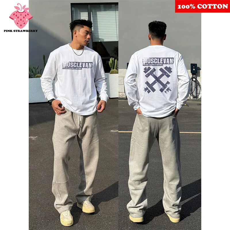 

American West Coast Hip Hop T-shirt Men Autumn 2025 New 100%Cotton Oversize Long sleeves Casual sports Gym Y2k Tops Men clothing