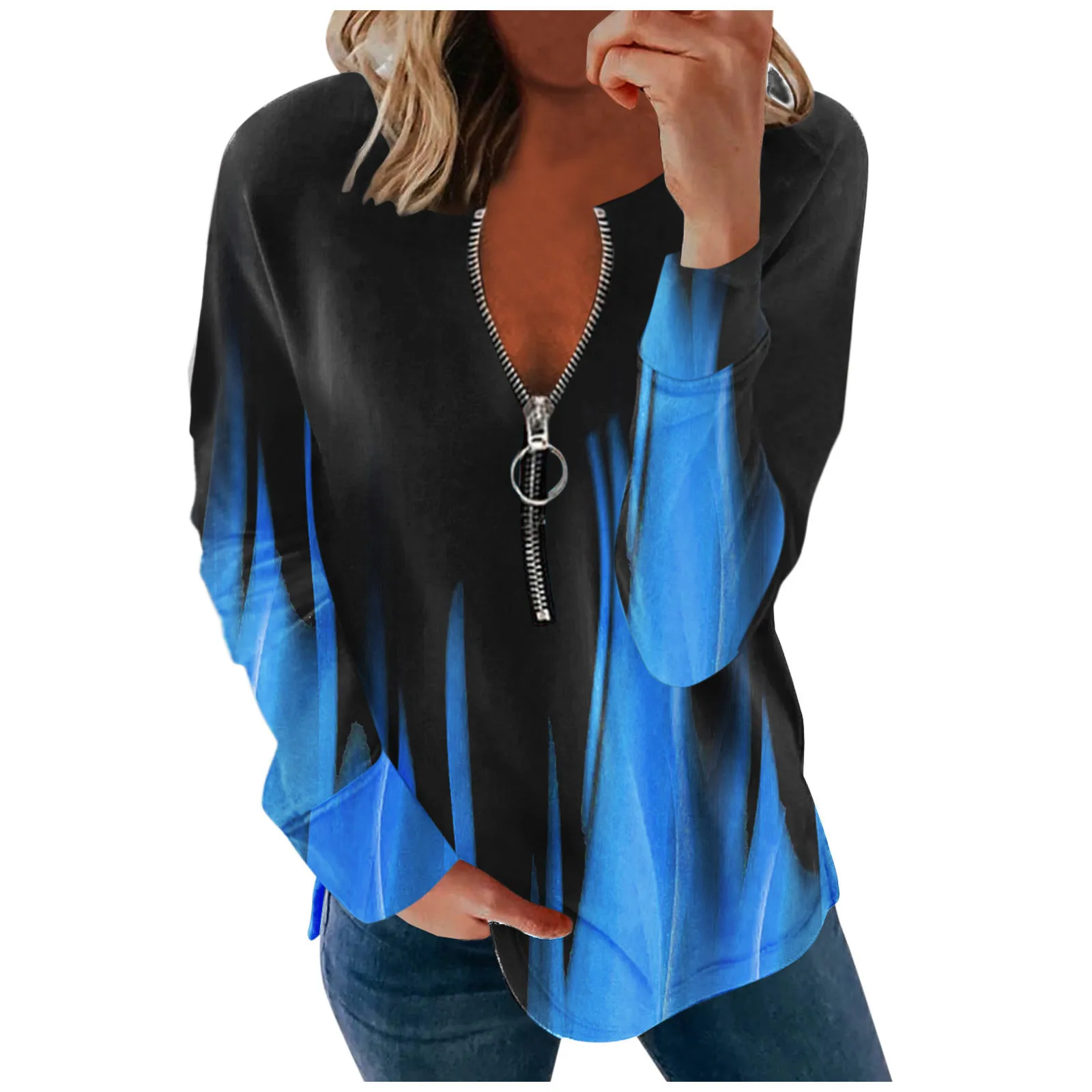 

Autumn and Winter New Women's V-Neck Long Sleeve Loose Zipper T-Shirt Fashion Casual Commuter V-Neck Female Top Lady Shirts