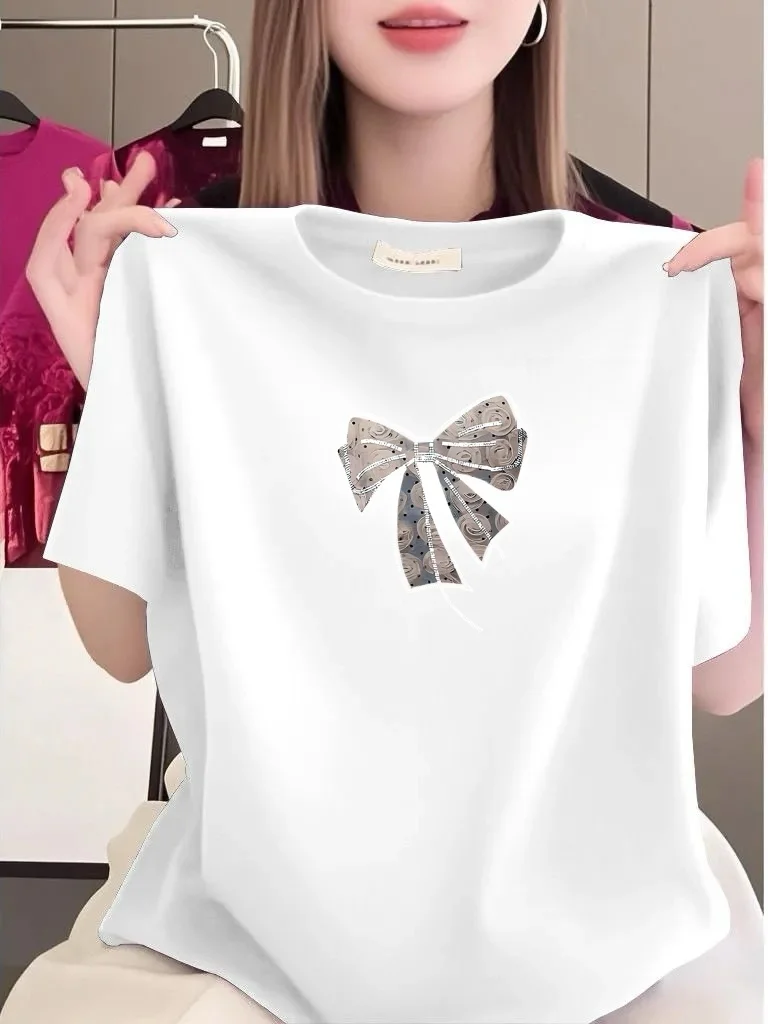

Elegant Knot Print Short Sleeve T-Shirt Women Summer Loose Versatile Youthful Casual Top Polyester Fiber round Neck