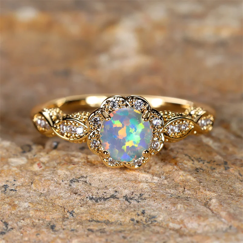 Luxury Female Charm White Opal Stone Yellow Gold Color Rings For Women Crystal Round Stone Stone Engagement Jewelry