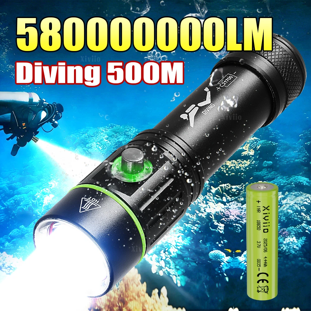 

Суперяркий фонарь для подводного плавания 5800000LM, профессиональный светодиодный фонарь для дайвинга, водонепроницаемый на 500 м, IPX8, для рыбалки и подводных работ