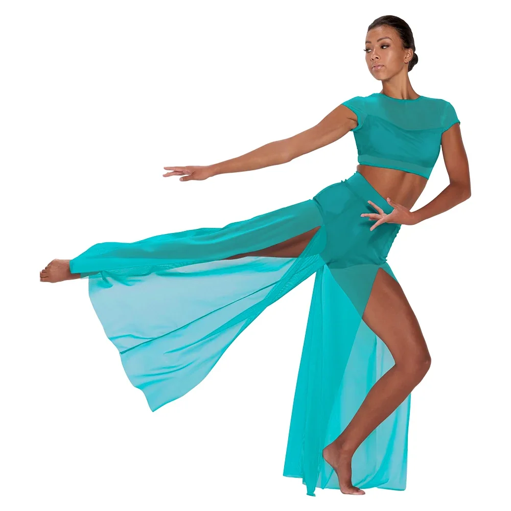 Top corto de baile moderno para mujer, pantalones de pierna ancha con maletero de Lycra adjunto, trajes líricos de 2 piezas, ropa contemporánea