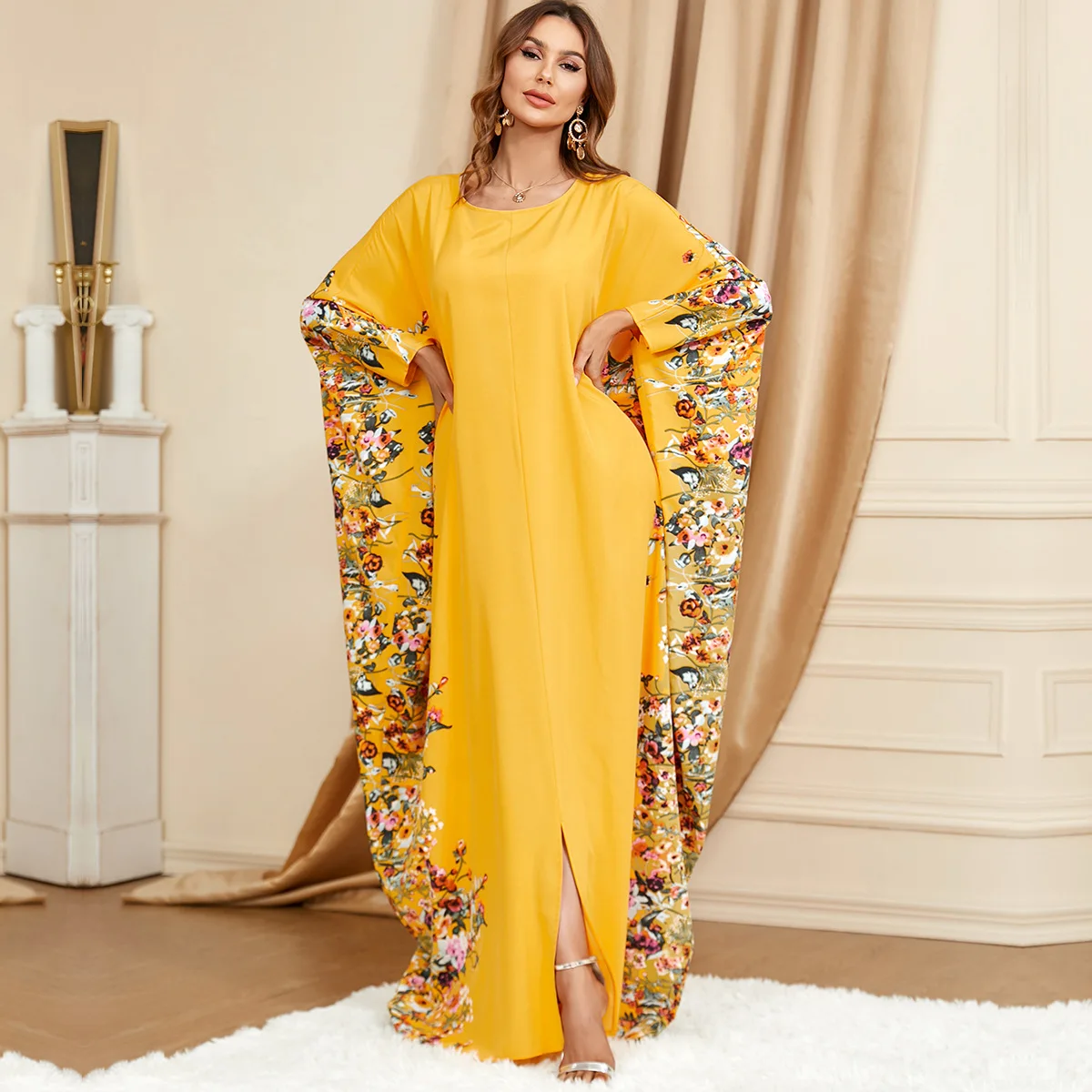 Muslim Abaya Dress Dubai Yellow Bat Sleeve Loose Fashion Plus Size Women Dress Casual Robe Moroccan Caftan Dresses for Women