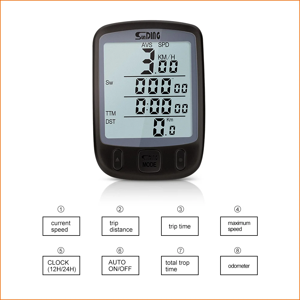 Suding Waterproof LCD Large Display Bicycle Computer Odometer Speedometer With Green Backlight Riding Accessories SD-563A