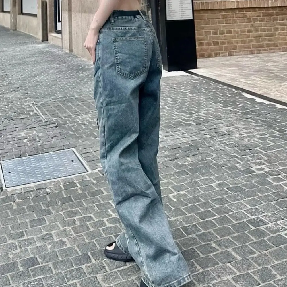 

Unique High Waist Casual Mesh Jeans Straight Irregular Ripped Jeans Trousers See Through Wide Leg Denim Pants Daily