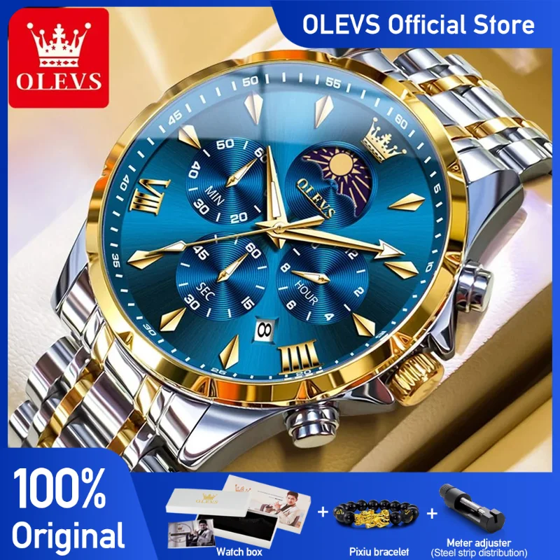 

OLEVS 3653 Мужские часы Оригинальные кварцевые часы Многофункциональные часы с хронографом для мужчин Водонепроницаемые светящиеся часы Reloj Moon Phase