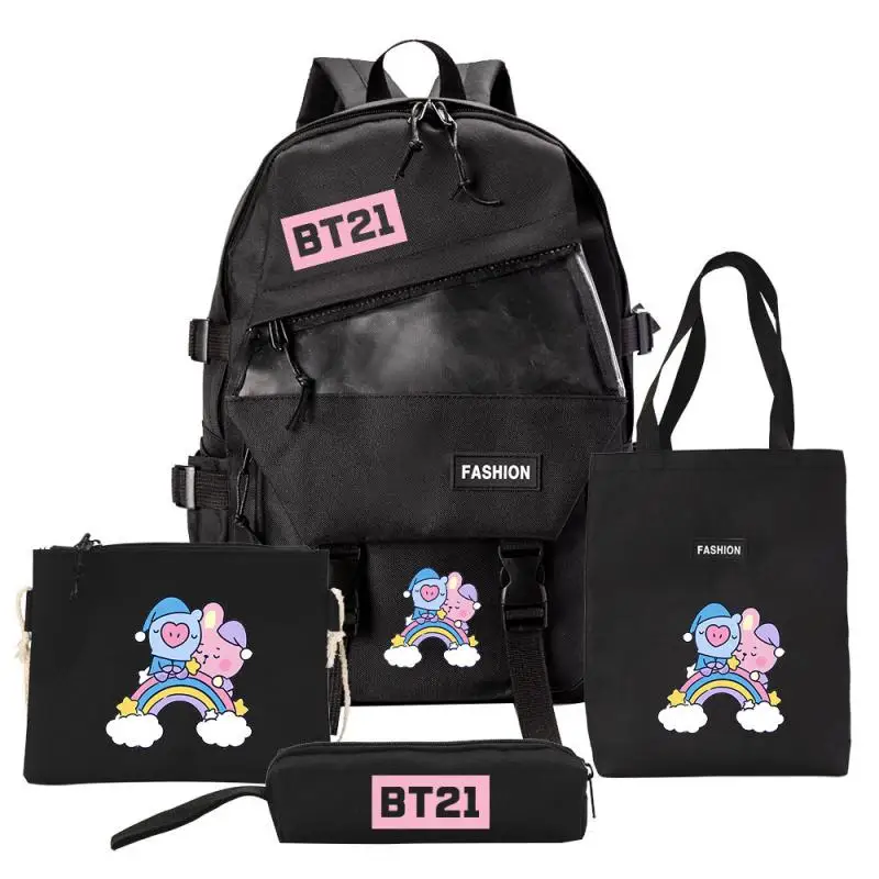 4Pcs Anime Bt21 Bt21 School Bag Backpack Crossbody Bag Four-Piece Set Creative New Student Handbag Pencil Case Gift for Kids