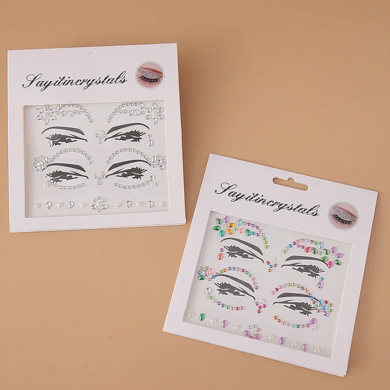 Pegatinas de tatuaje de perlas de diamantes de imitación acrílicas desechables DIY, maquillaje de Mascarada, decoración facial, pegatinas de ojos de