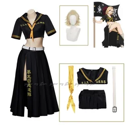 Anime Tokyo Revengers Mikey Manjiro Sano Cosplay Costume Wig Black Sexy Top Skirts Uniform Longuette Women Halloween Party Suit