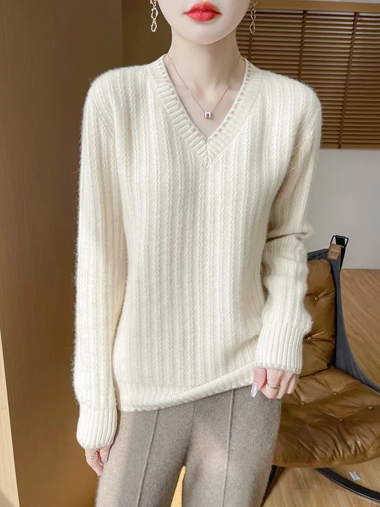 

Autumn Winter 100% Merino Wool Women Sweater V-Neck Striped Knitwear Casual Pullover Long Sleeve Soft Cashmere Clothing Tops