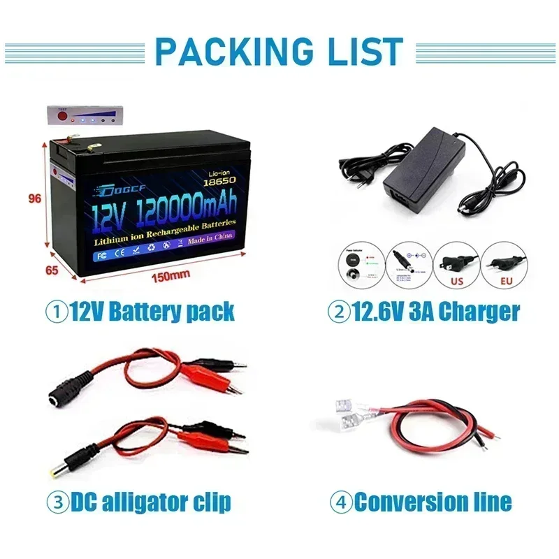 Neuer 18650 12 V 120 Ah Lithium-Akku, integriertes 30 A BMS, für Solarenergie-Elektrofahrzeuge, Li-Ionen-Akku + 12,6 V-Ladegerät