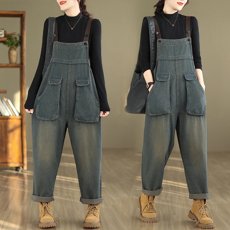 Womens Blue Vintage Suspender Jeans Fashion Pocket Baggy Straight Pants Streetwear Casual Wide Leg Denim Trouser Ladies Autumn