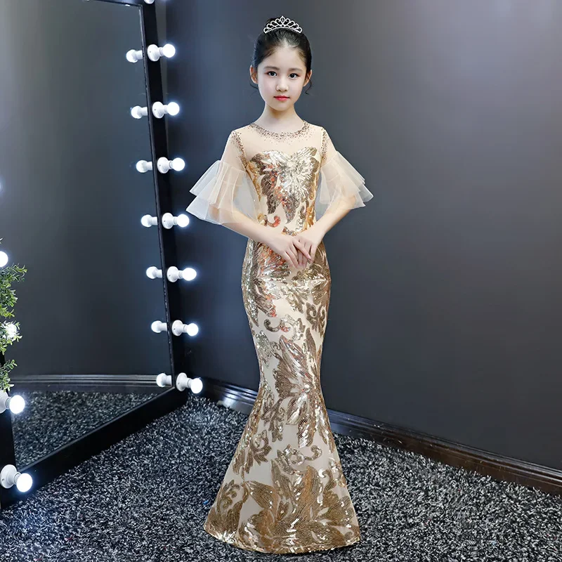 

Kid luxury sequined evening dress children girl gold bodycon trumpet elegant mermaid wedding party Cocktail chinese style dress