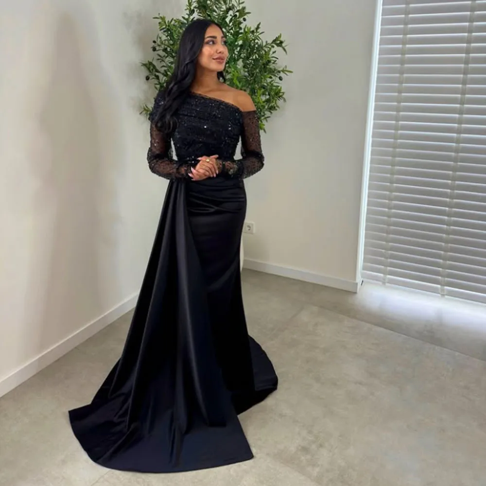 

Customized Black One-Shoulder Satin Evening Dresses For Women Sequined Full Sleeves Mermaid Party Gown Watteau Train Prom Dress