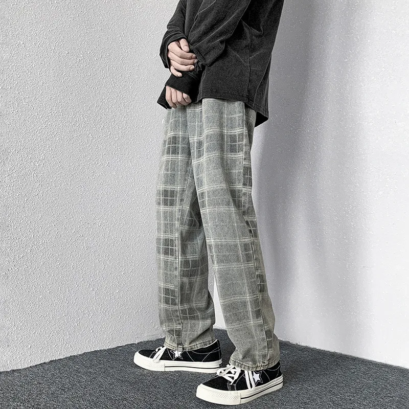 

HOUZHOU Plaid Jeans Denim Pants Men Korean Wide Leg Checked Trousers Male Distressed Streetwear Bottoms Harajuku Vintage