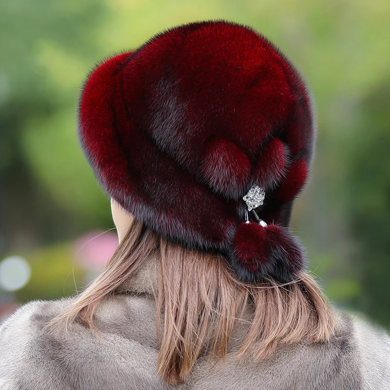 2022 New Russian Fur Ski Hat Winter Warm Mink Fur Caps For Women Earflap Fisherman Earwarmer Hat Floral Basin Cap