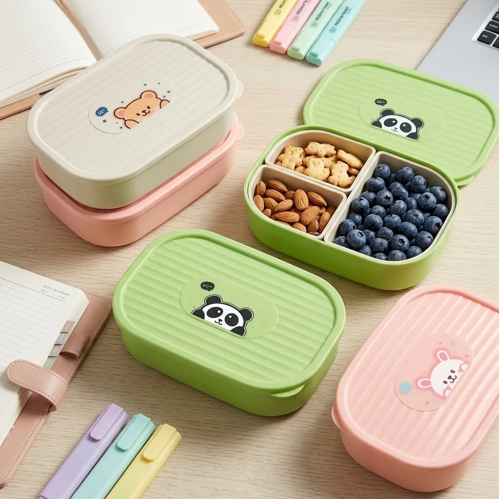 Cute Plastic Divided Lunch Box For Kids Students Portable Sealed Detachable 3 Grids Fruit Salad Food Container Microwave Safe view 2