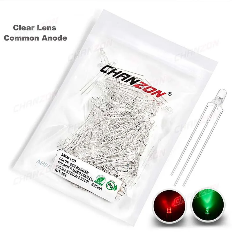 Bicolor 3 mm LED Light Emitting Diode Lamp 100pcs Green Red Common Cathode Anode Clear Diffused Indicator 3V DIY Bi Color Bulb