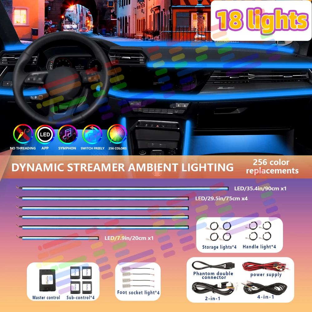 Simple Installation of 64 Color Car Environmental Light LED Interior Hidden Acrylic Strip Symphonic Atmosphere Light with APP