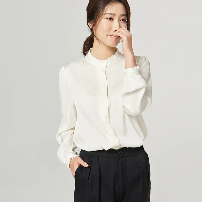 

Spring Autumn Women's sold color Shirt Elegant Stand Collar Long Sleeve Woman Shirts Blouses Real Silk Female Blouse Tops