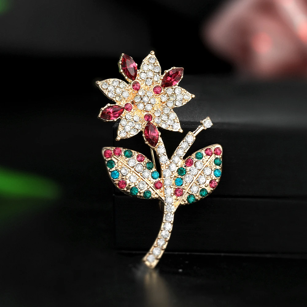 المرأة الفاخرة كامل ملون كريستال زهرة التلبيب دبابيس الفتيات المبهر حجر الراين الصدار دبابيس الحفلات الذهبية