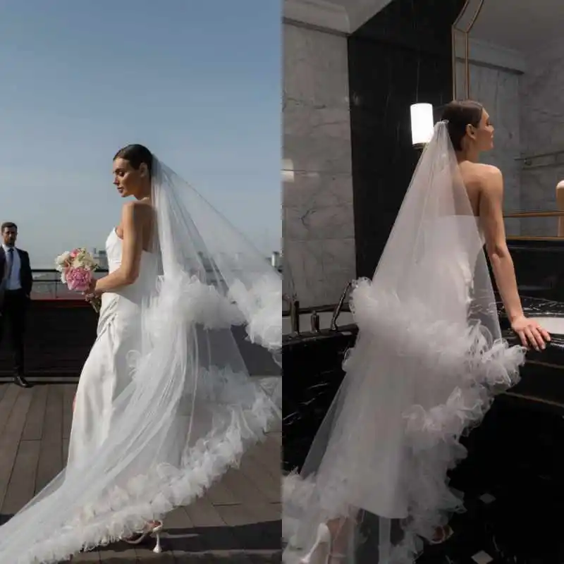 

Длинная винтажная свадебная фата из тюля с многоярусными оборками и аппликацией для невест, фата Velo de Negra, Voile de mariage, на заказ