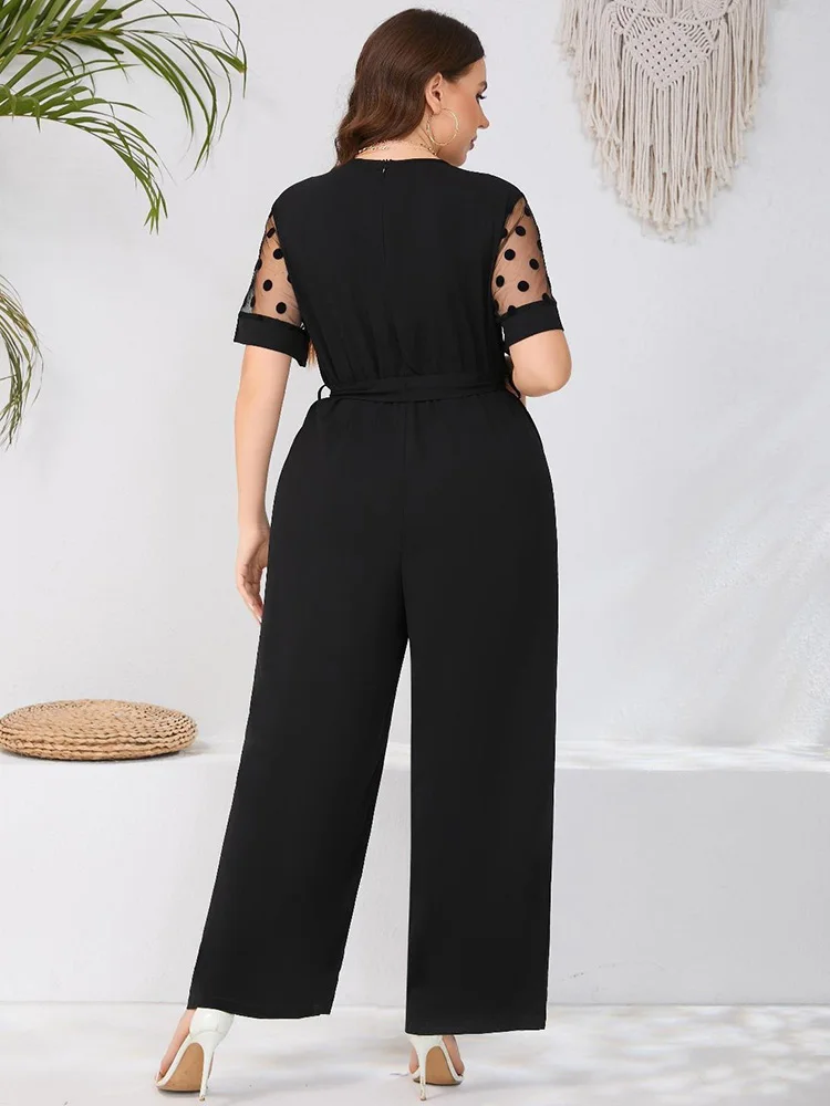 GIBSIE Plus Size Dot Mesh Short Sleeve Belted Jumpsuit Women 2024 Summer V-neck Black Elegant Office Ladies High Waist Jumpsuits