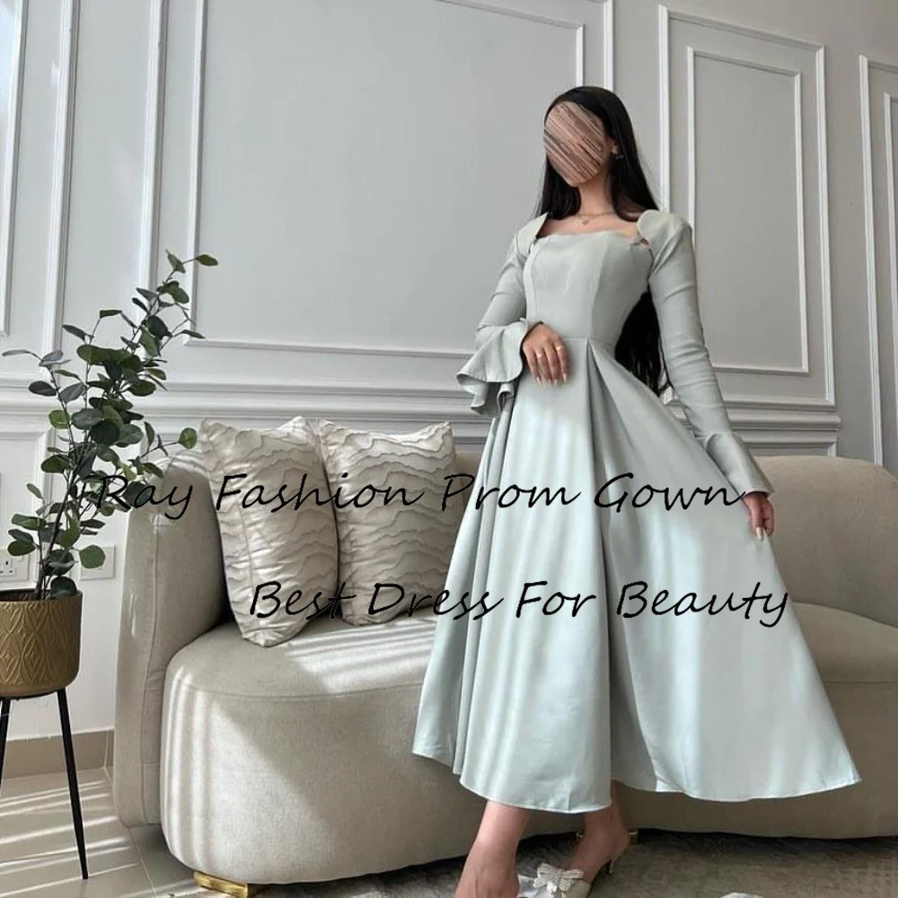 

Ray Fashion A Line Evening Dress Satin Square Neck With Long Sleeves Tea Length For Formal Occasion Saudi Arabia فساتين سهرة