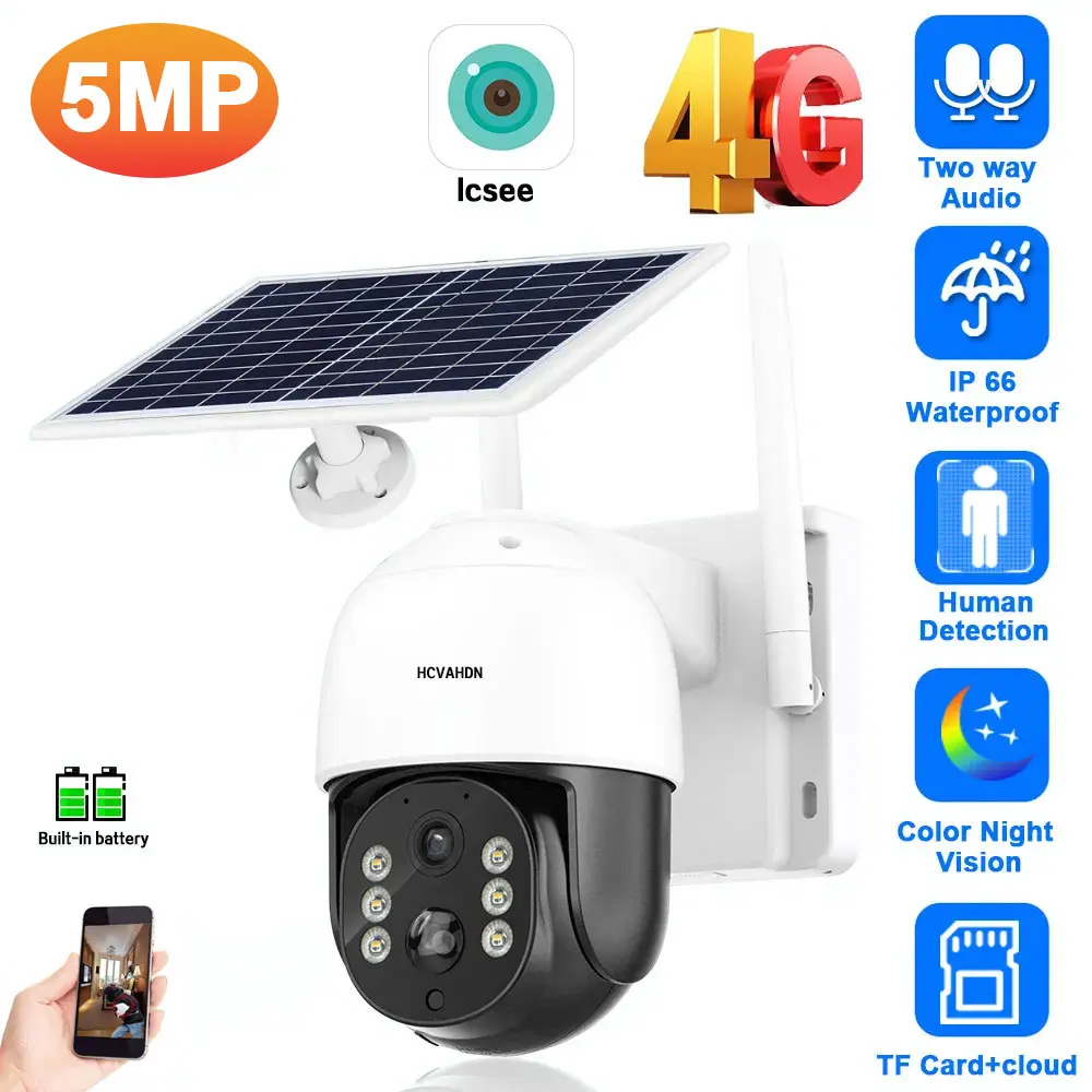 5MP 4G Security IP Camera Human Detection Outdoor WIFI Wireless PTZ Video Surveillance CCTV Solar Battery Powered Camera ICSEE