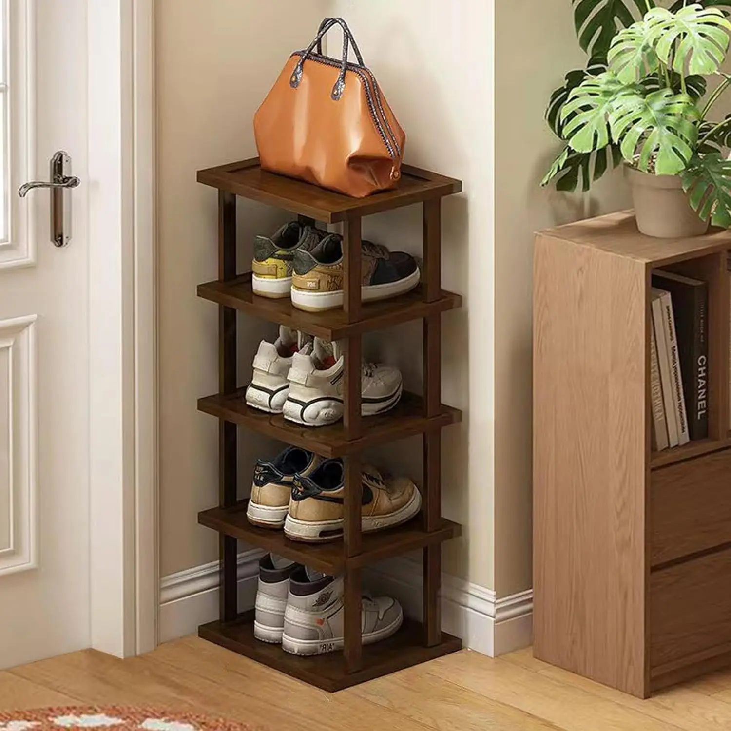 

！@Combohome 7 Tier Bamboo Shoe Rack Organizer Tall & Narrow for Small Spaces Free Stackable DIY Shoe Storage Entryway Closet