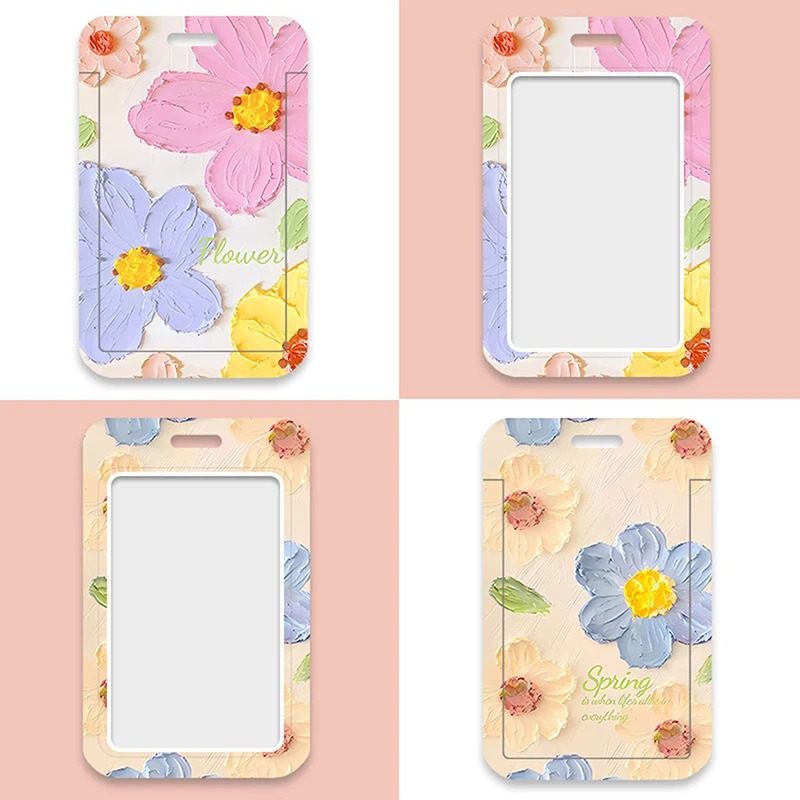 Oil Painting Flower Card Holder Photocard Holder Keychain Students Card Protectors ID Bank Cards Cover Stationery Photocard Bag