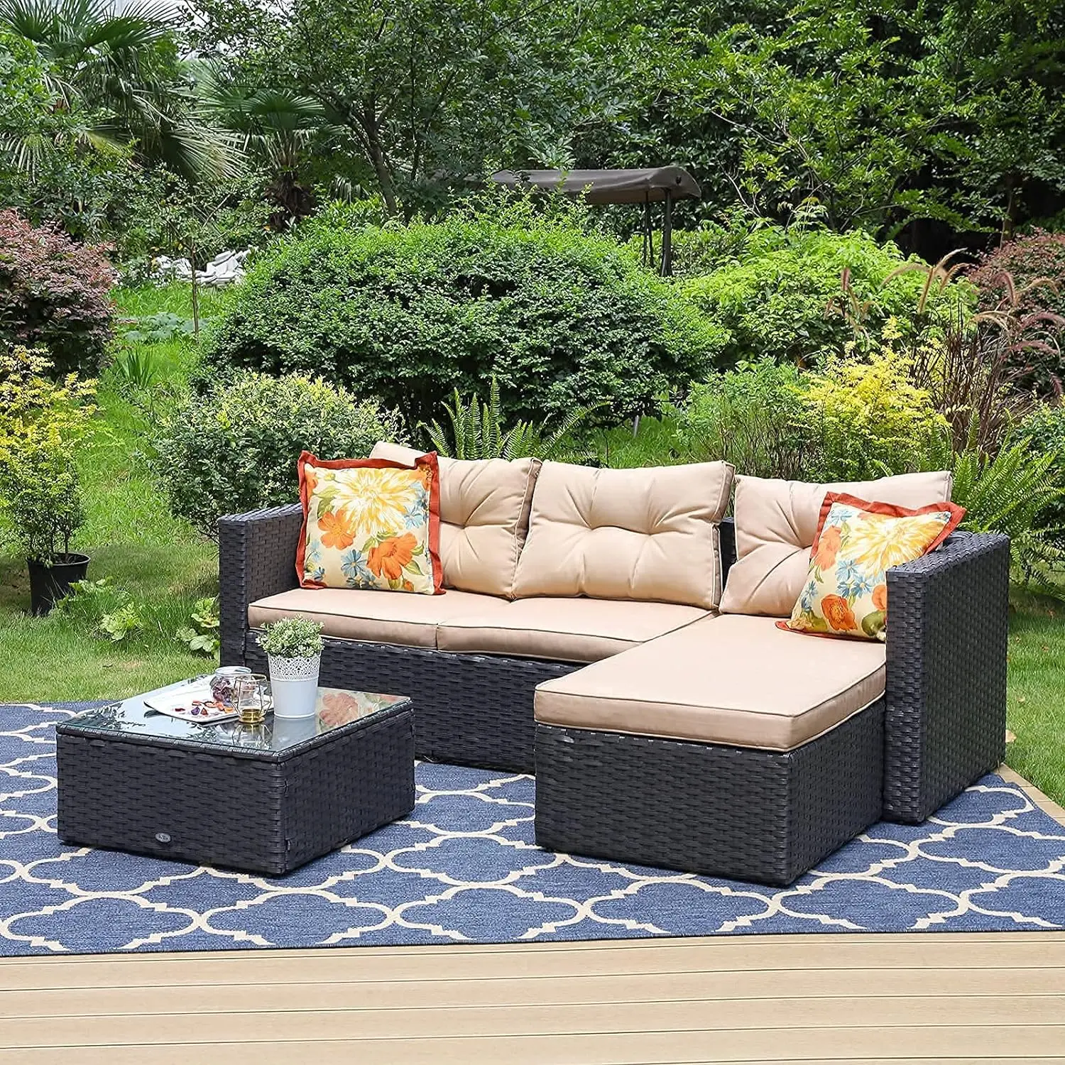 Patio Sectional Clearance Manual Weaving Wicker Rattan Small L-Shaped Outdoor Furniture Sofa Set with Upgrade Rattan (3 Piece）