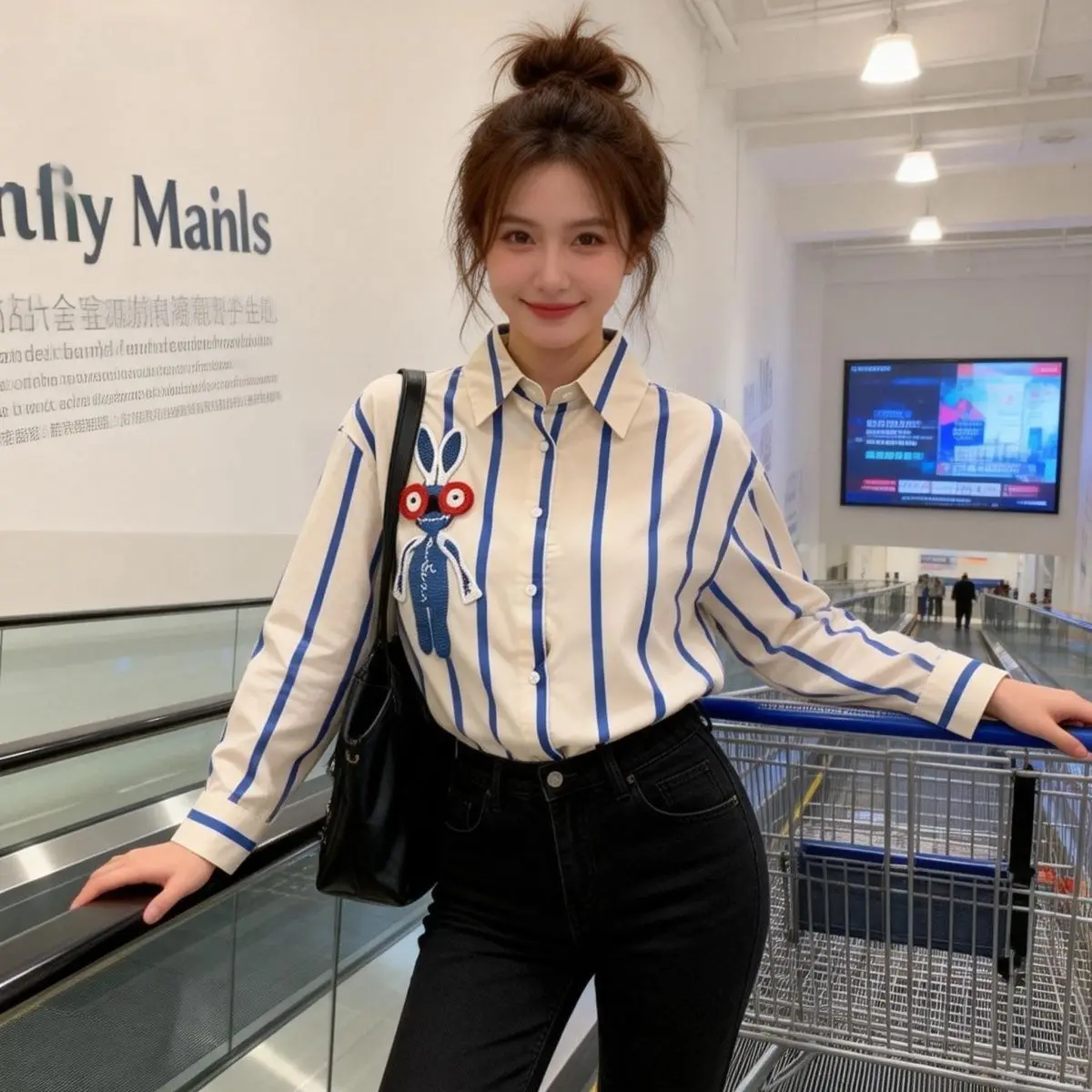 

Loose Fit Blue Striped Rabbit Embroidery irt Women's Korean Sle Spring Autumn Casual Long Sve Anti UV Polyester