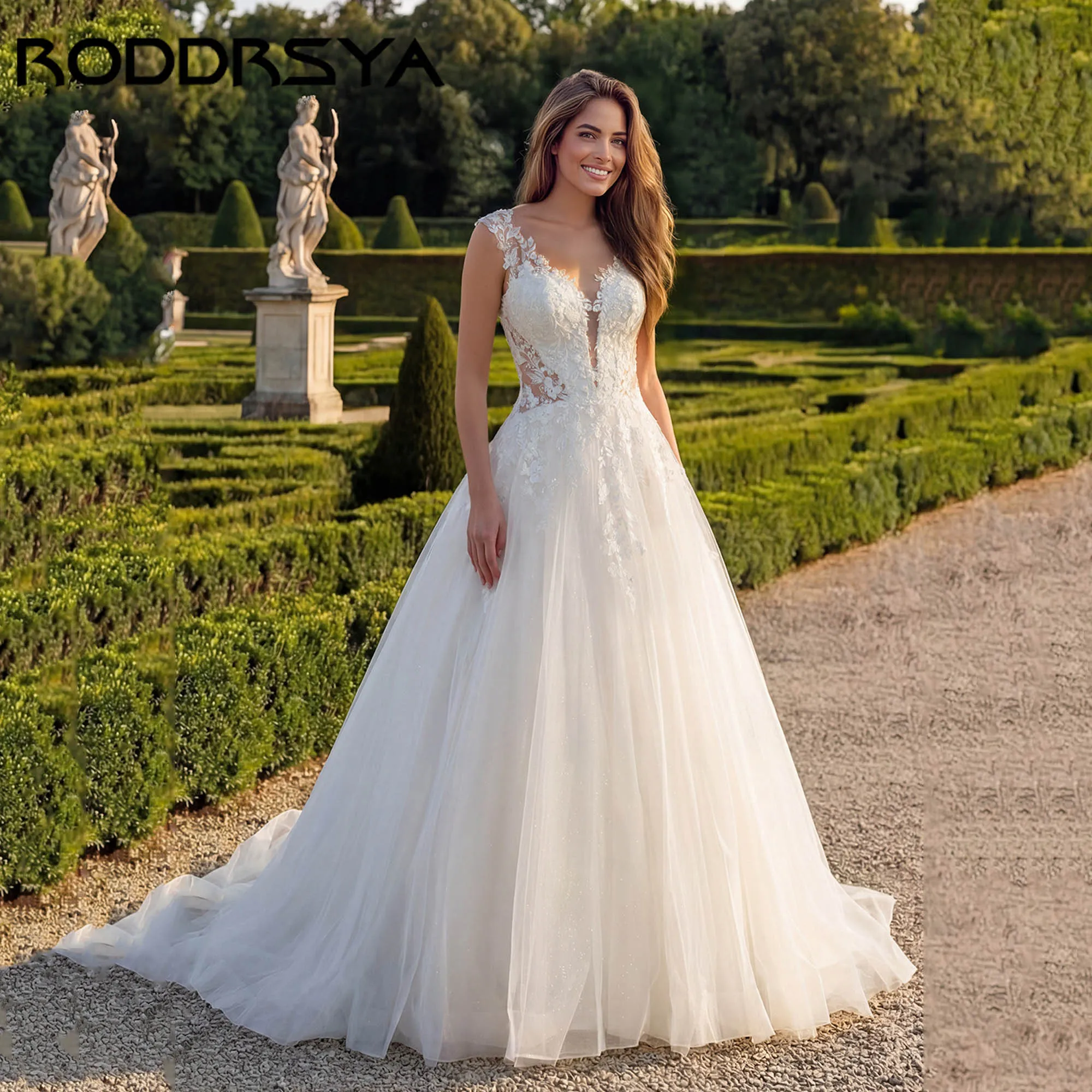 

RODDRSY Deep V-neck Sleeveless Wedding Dress Romantic A-line Appliques Bride Gown Illusion Backless vestidos de novia Customized