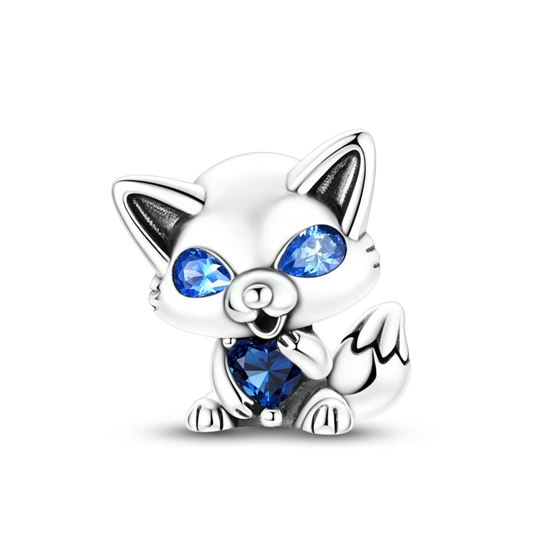 Charm 925 Sterling Silver Bead Q-version Arctic Fox Blue Heart Fit Original Bracelet Making Jewelry For Girl Woman