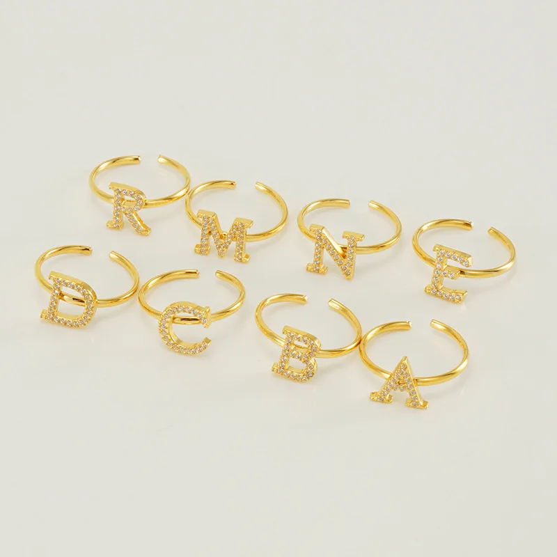 

10Pieces Fashion Personalized Stainless Steel Gold Plated Letter Initial with Crystal Beads Open Adjustable Rings for Women