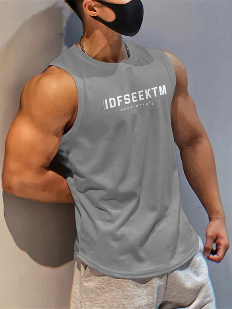 Heren Zomer Fitness Vest Letter Bedrukt Ronde Hals Mouwloos Rekbaar Zacht Ademend Sneldrogend Trui Casual Heren Fitness