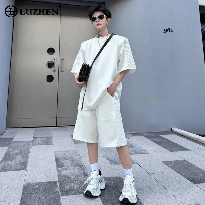 Luzhen Mesh Spleißen Design stilvolle kurz ärmel ige T-Shirts zweiteilige Sets Mode schöne koreanische Herren Straight Shorts lz3418