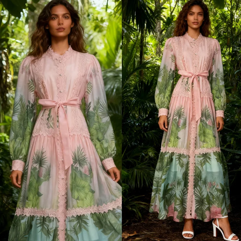 

Stunning Print Stand Collar Long Sve Dr Women's High-End Lace Patchwork Dr Holiday Sle Mid-Waist Velvet Fabric