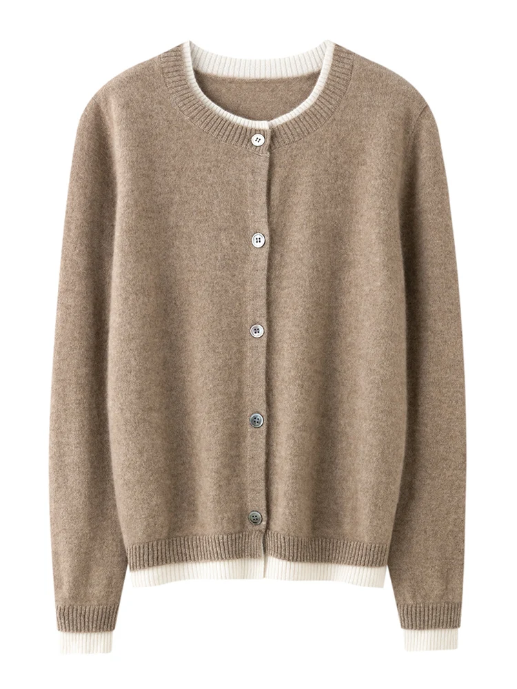 

Chic Women's Simple Casual Style Contrasting Color Cardigan Sweater 100% Cashmere Knitwear Autumn Winter O-Neck Grace Soft Tops