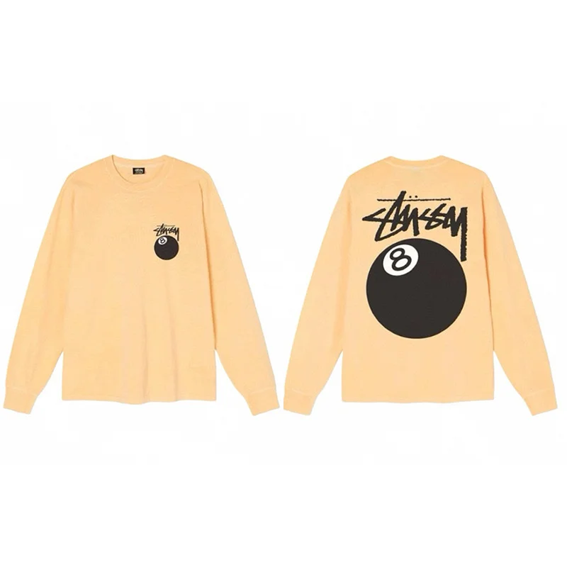الربيع والخريف STUSSY 8 النمط الأمريكي الموضة الكلاسيكية بسيطة فضفاضة طويلة الأكمام القطن تي شيرت رجل أسود ثمانية تيز